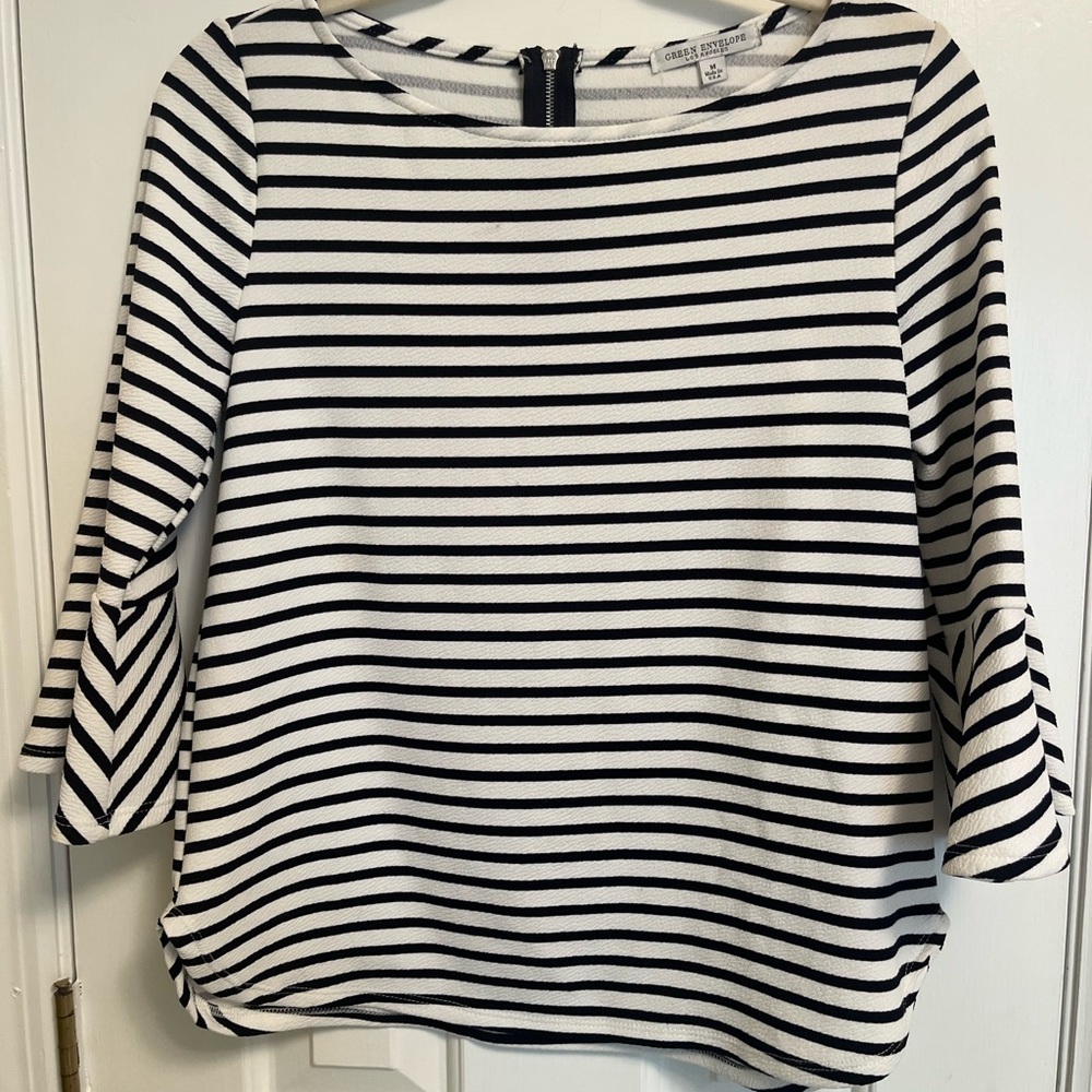 Navy and White Striped Women's Top by Green Envelope Medium